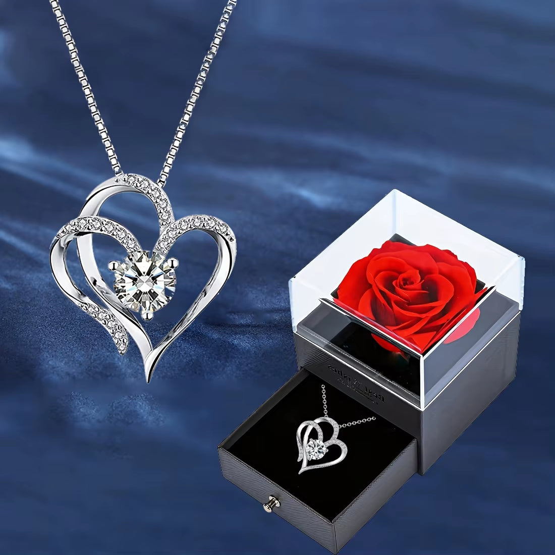 Elegante Herz-Zirkonia-Halskette mit luxuriöser Rosen-Geschenkbox für Damen