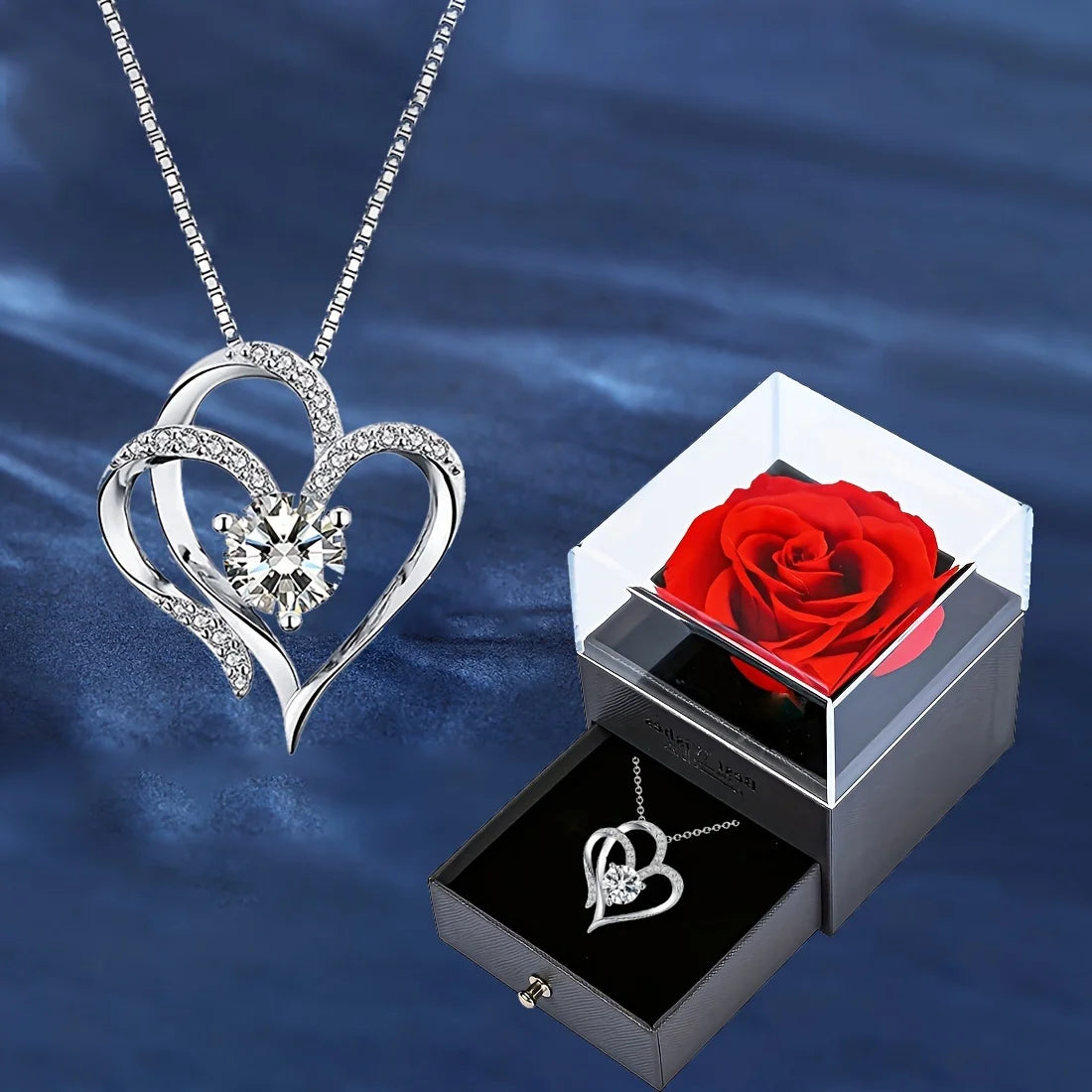 Elegante Herz-Zirkonia-Halskette mit luxuriöser Rosen-Geschenkbox für Damen