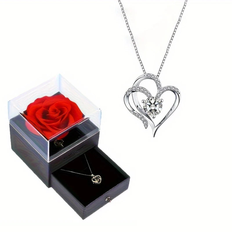 Elegante Herz-Zirkonia-Halskette mit luxuriöser Rosen-Geschenkbox für Damen